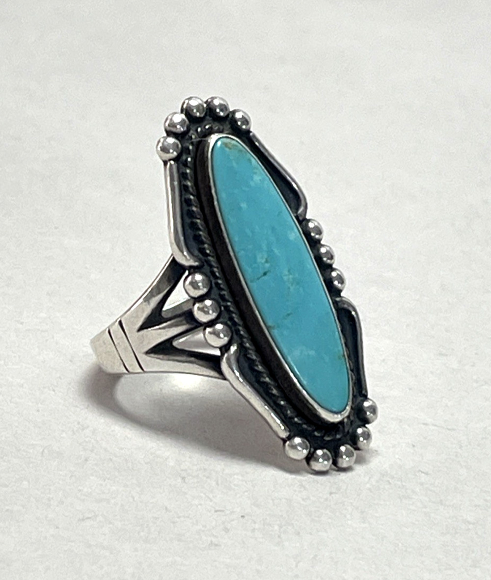 VTG Bell Trading Post Sterling Silver Turquoise Ring Long Southwestern Sz 7.25